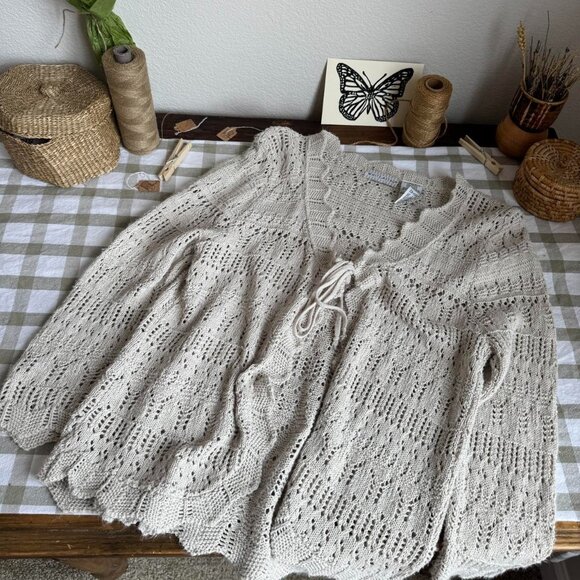 White Stag Sweaters - Vintage Crochet Knit Tie Front Cardigan XL